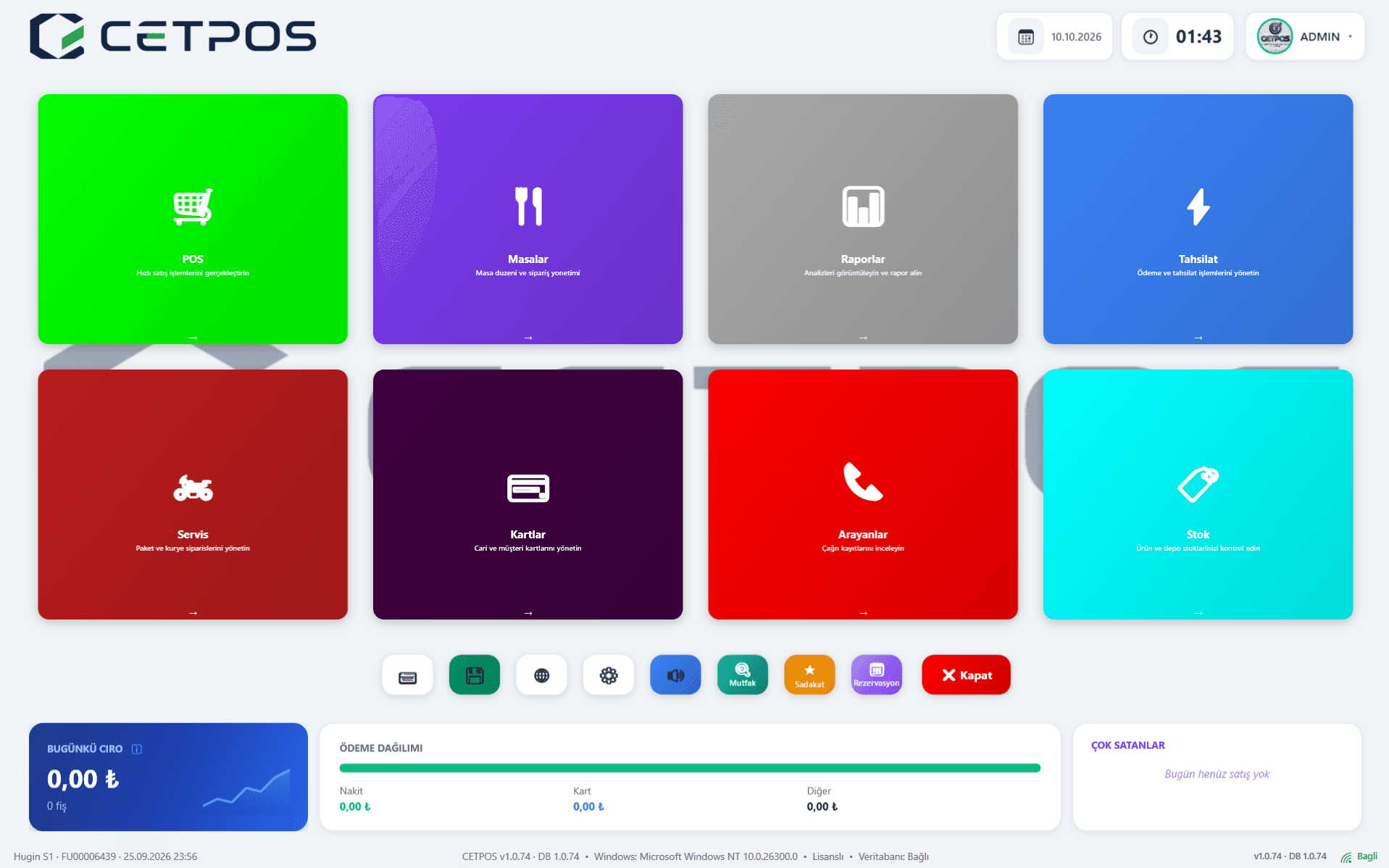 CETPOS ana ekran — POS, masa, servis ve stok modülleri