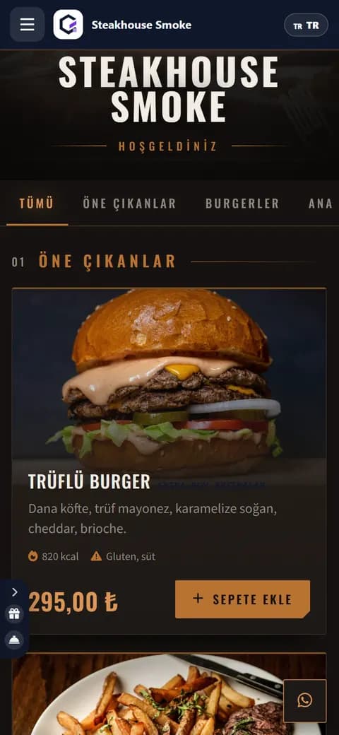 Steakhouse Smoke QR menü teması — telefon görünümü