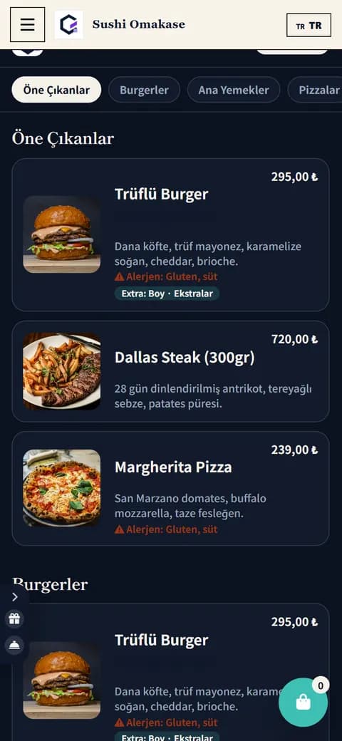 Sushi Omakase QR menü teması — telefon görünümü