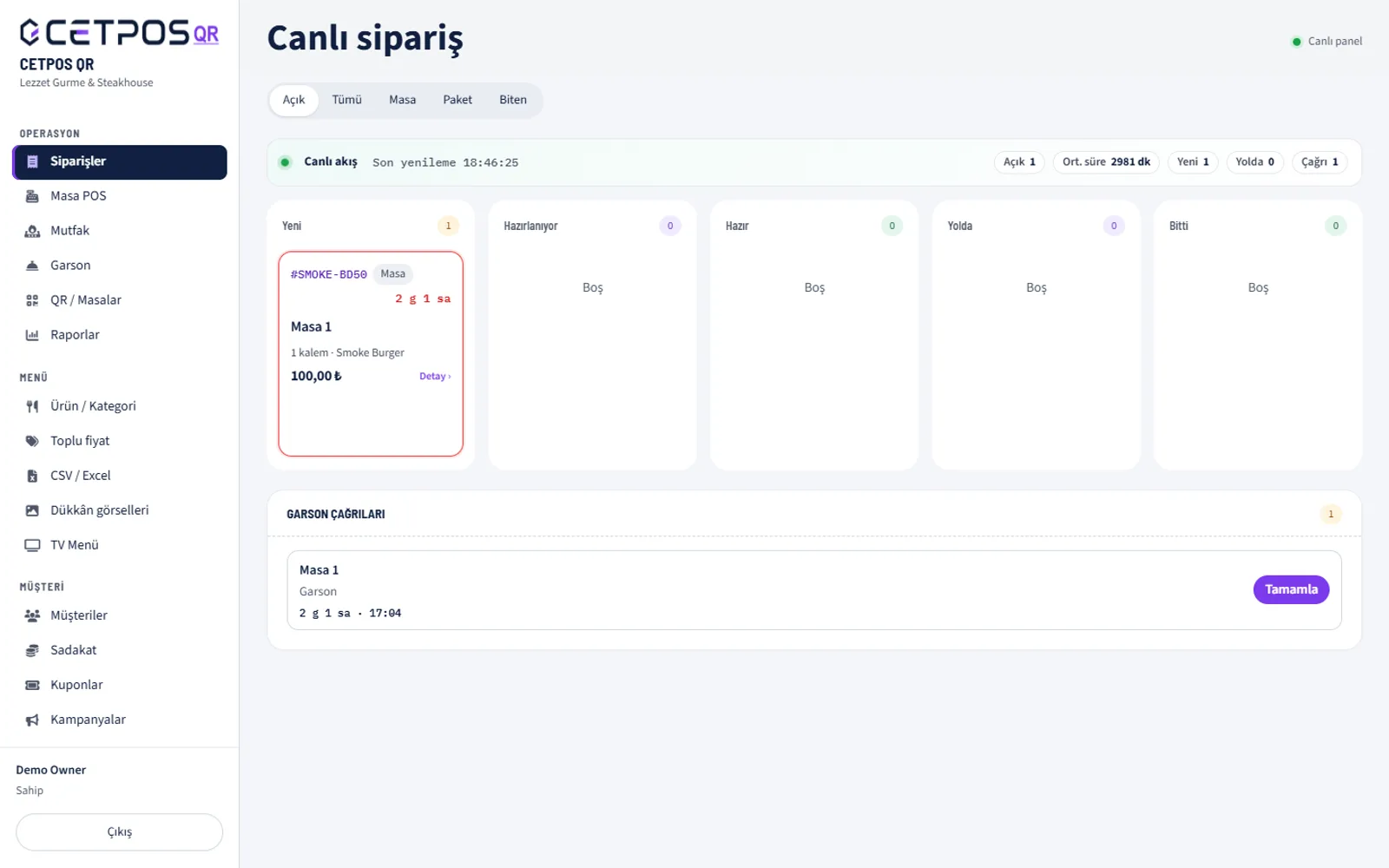 CETPOS QR canlı sipariş paneli: yeni, hazırlanıyor, hazır, yolda