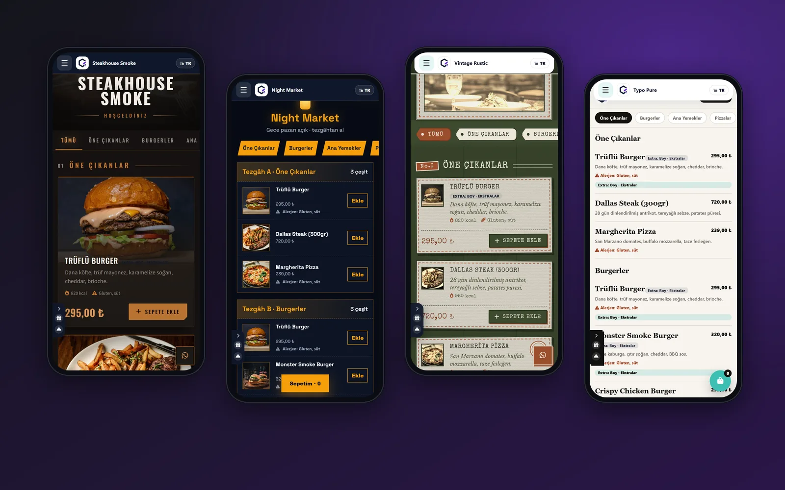 Steakhouse Smoke, Night Market, Vintage Rustic ve Typo Pure QR menü temaları