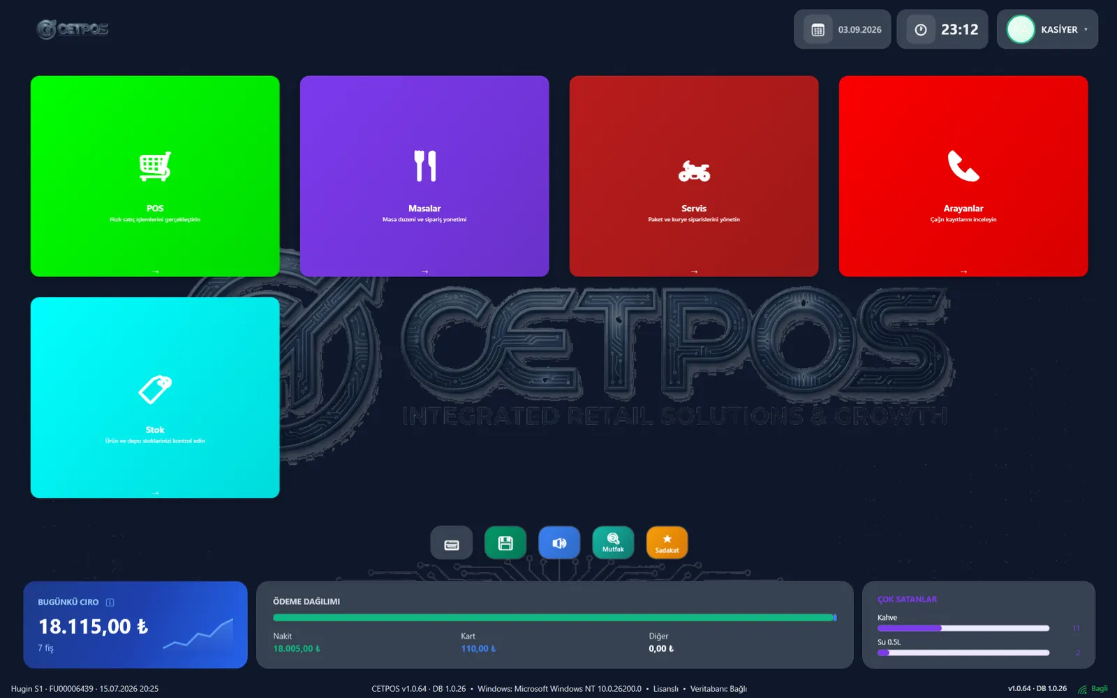 CETPOS ana ekran — POS, masa, servis ve stok modülleri