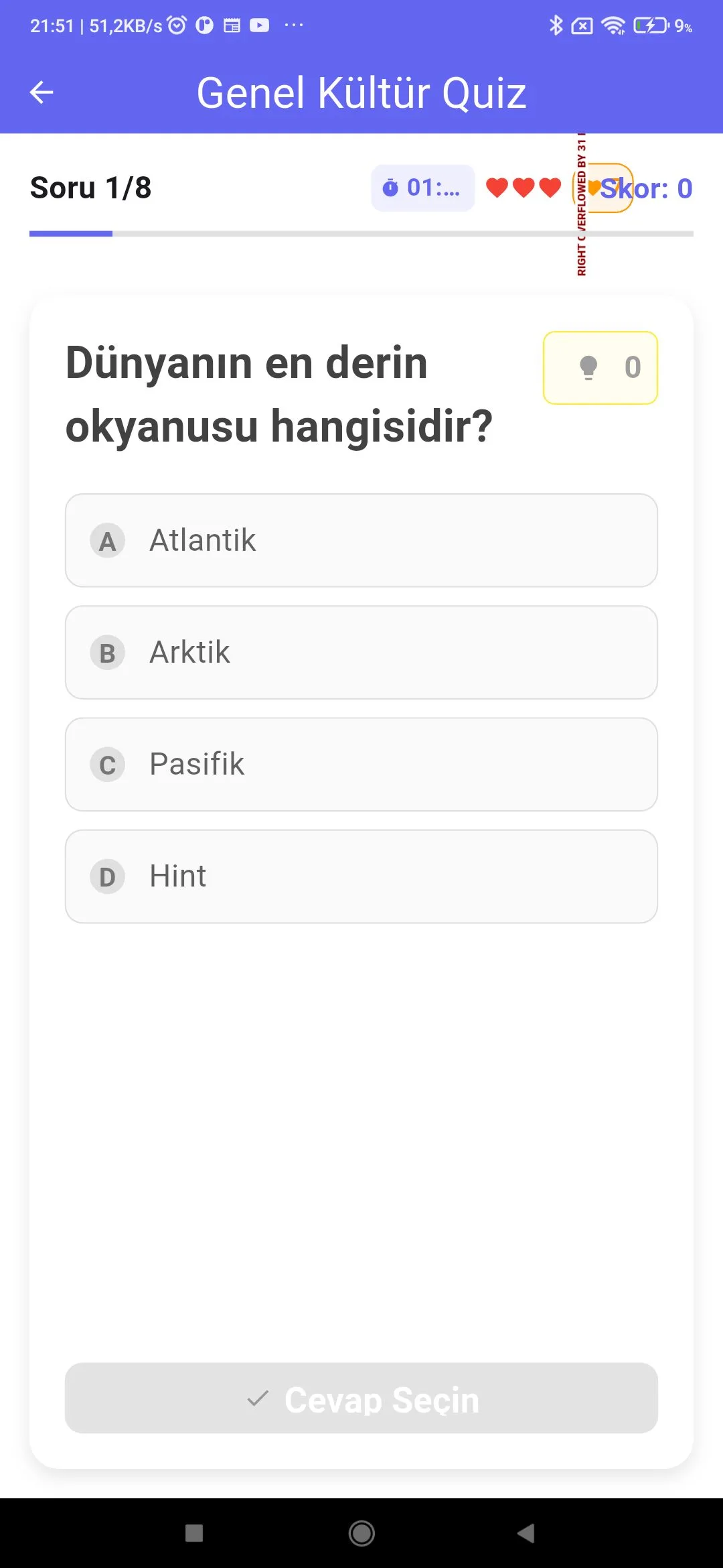 SmartTrivia genel kültür quiz sorusu ve cevap seçenekleri ekranı